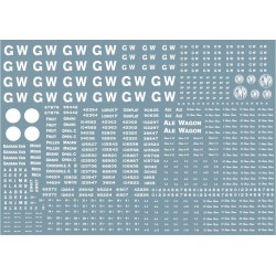 GW301 Great Western Railway. Large sheet of wagon lettering and numbers, including 16" and 4" GW lettering.