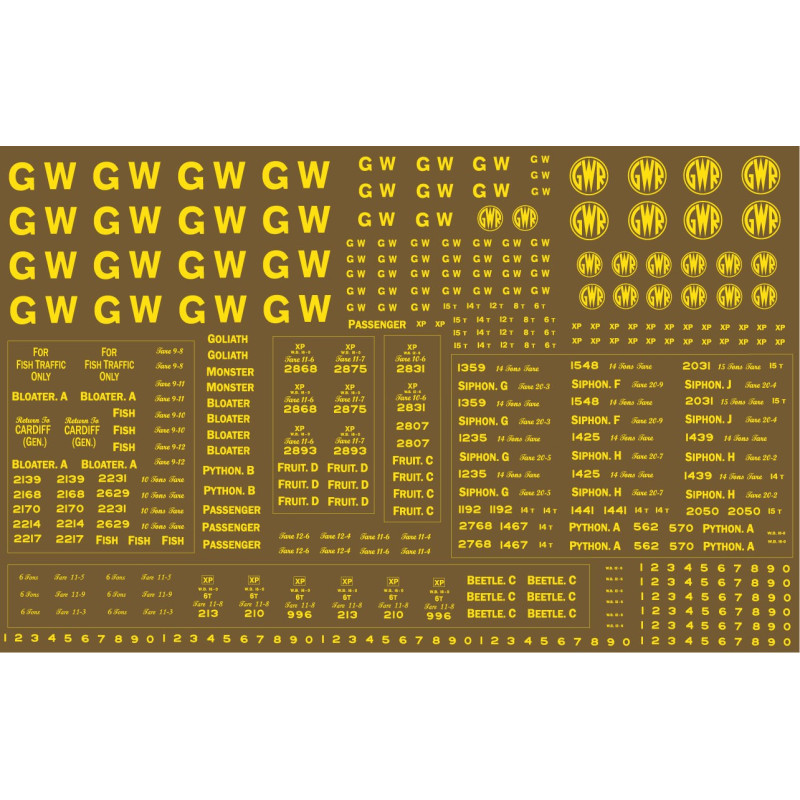GW302 Great Western Railway. Large sheet of lettering and numbers for passenger rated rolling stock ('Brown Vehicles').