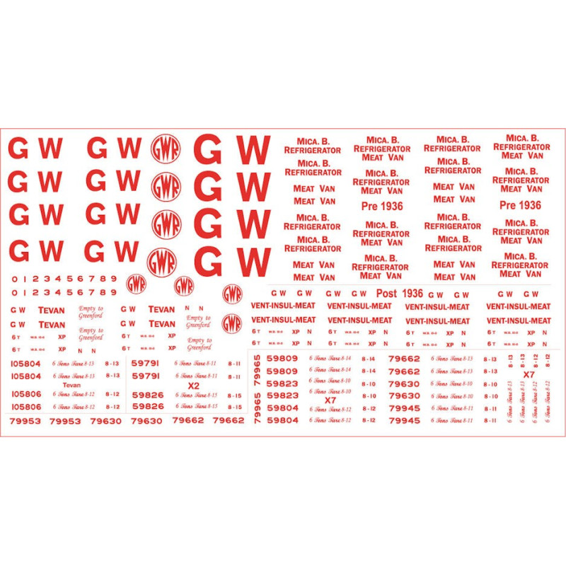 GW303 Great Western Railway. Sheet of lettering for for White Insulated and Refrigerated Dairy, Fish and Meat Vans. RED