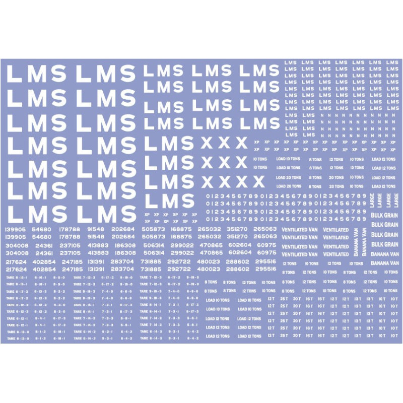 LM301 L.M.S. Large sheet of wagon lettering and numbers, including 16" and 4" GW lettering.