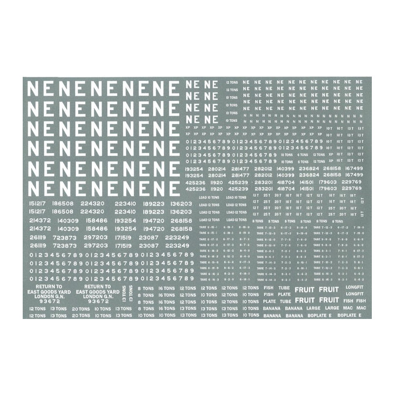 NE301 L.N.E.R. Large sheet of wagon lettering and numbers, including 16" and 4" NE lettering.