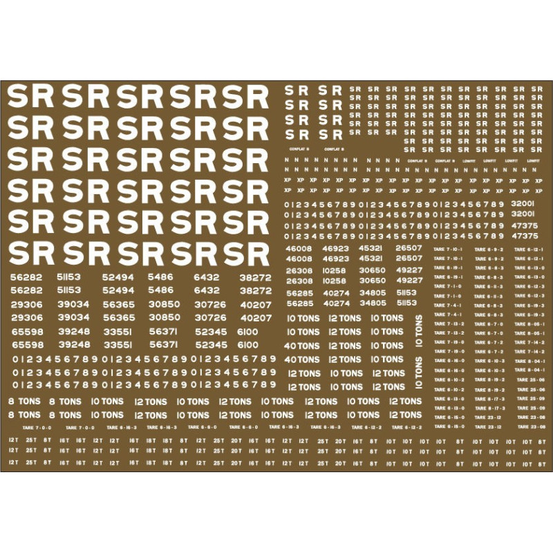 SR301 Southern Railway. Large sheet of wagon lettering and numbers, including 16" and 4" SR lettering.