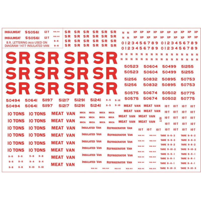 SR302 Southern Railway. Sheet of lettering for for Stone coloured Insulated and Refrigerated Dairy, Fish and Meat Vans. RED